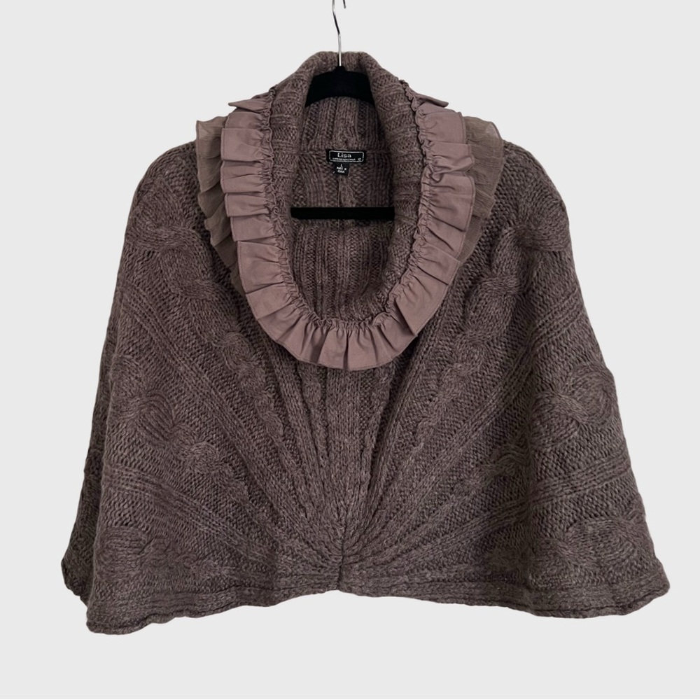 Lisa International Taupe Ruffle Collar Cable-Knit Capelet